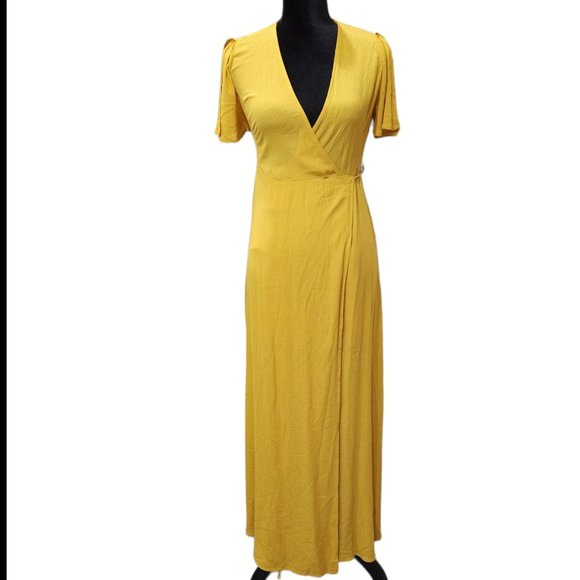 Lulu’s Much Obliged Golden Yellow Wrap Maxi Dress Adjustable Waist Tie XS - Picture 3 of 9